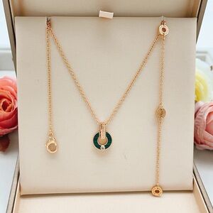 Bvlgari Rose Gold Green Stone Coin Necklace Chic